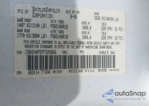 2007 Dodge Durango Slt from USA, damaged, VIN 1D8HD48P97F505866